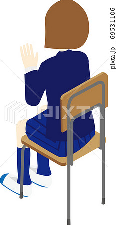 学校で椅子に座るショートボブの女の子の後ろ姿のイラスト素材