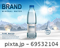 Mineral water ad, plastic bottle on snow with sunny mountain background. Transparent Drinking water Bottle design. 3d vector 69532104