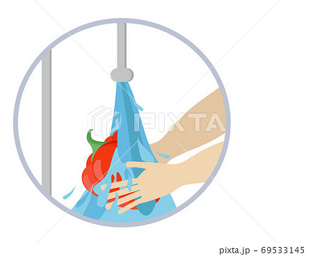Hands under the tap with water wash red pepper. To clear vegetables of bacteria and dirt. Healthy eating Vector illustration 69533145