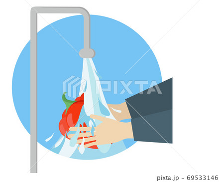 Wash fruits and vegetables. hands hold pepper under the tap of water. washing food. Vector illustration flat design. Personal hygiene. Disinfection, antibacterial. 69533146