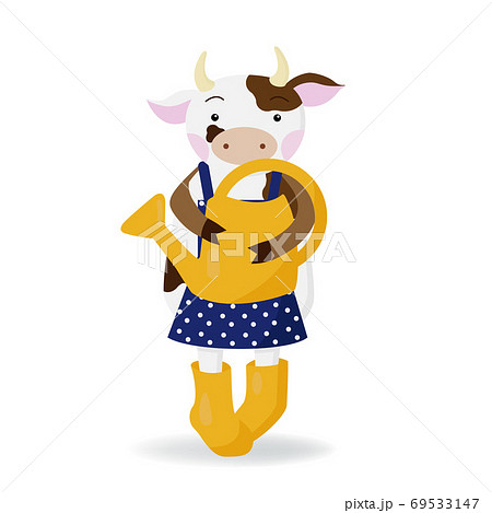 Young cow in yellow sopagas and polka dot apron. Carries a watering can for watering. Postcard concept, bull calendar 2021. Vector image on a white background. 69533147