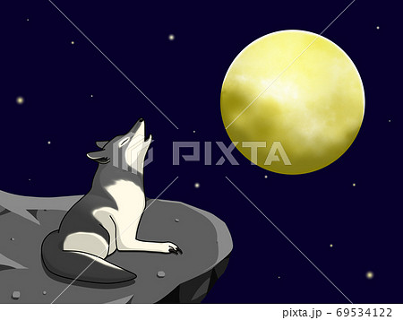 満月と崖の上で遠吠えをするオオカミのイラスト素材