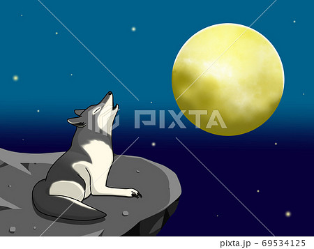 A Wolf Howling On A Full Moon And A Cliff Stock Illustration