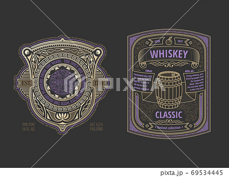Two stylish vintage whiskey labels. Logo template design for alcohol bottle or can 69534445