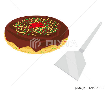 ソースお好み焼きとヘラのベクターイラストのイラスト素材