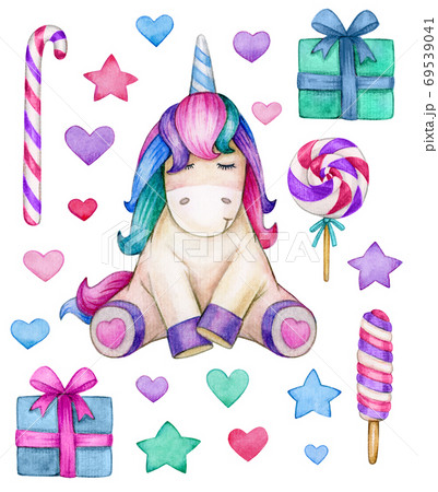 Cute unicorn and elements for design, isolated on white. Waterco Cute unicorn and elements for design, isolated on white. Waterco 69539041