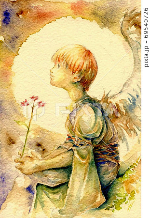 少年の姿をした天使のイラスト 水彩画 手描きのイラスト素材