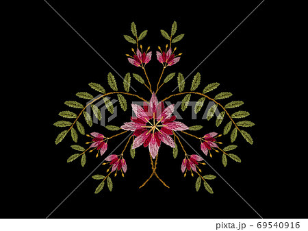 Embroidery satin stitch bouquet of pink with red cornflowers with delicate buds and bent branches with green leaves on a black background Embroidery satin stitch bouquet of pink with red cornflowers with delicate buds and bent branches with green leaves on a black background 69540916