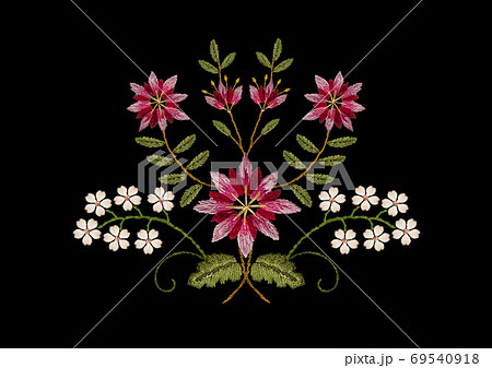 Embroidery satin stitch bouquet of pink with red cornflowers with delicate white flowers and wavy branches on a black background Embroidery satin stitch bouquet of pink with red cornflowers with delicate white flowers and wavy branches on a black background 69540918