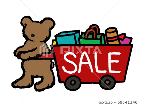 セールやバーゲンで使える クマのぬいぐるみがセール商品を運んでいる手描きのイラストのイラスト素材
