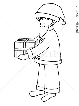 サンタクロースの格好でプレゼントを運ぶ男の子の線画イラストのイラスト素材