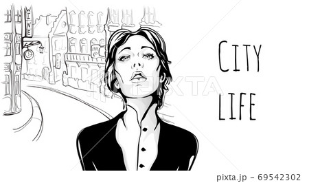 Young girl on the street of old city. Vector portrait illustration in sketch style. Young girl on the street of old city. Vector portrait illustration in sketch style. 69542302