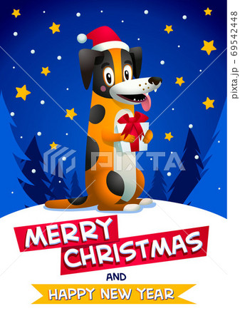 Cute dog with Merry Christmas and Happy new year inscription. Stylish yellow dog with santa claus red hat on blue christmas background. Winter Season Greetings concept. Symbol of the year 2018. Cute dog with Merry Christmas and Happy new year inscription. Stylish yellow dog with santa claus red hat on blue christmas background. Winter Season Greetings concept. Symbol of the year 2018. 69542448