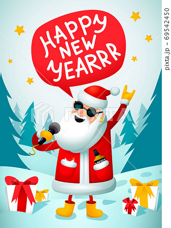 Rock-n-roll Santa. Singing Santa Claus - rock star with microphone on blue christmas background. Christmas hipster poster for party with Happy new year inscription. New year greeting card. Rock-n-roll Santa. Singing Santa Claus - rock star with microphone on blue christmas background. Christmas hipster poster for party with Happy new year inscription. New year greeting card. 69542450