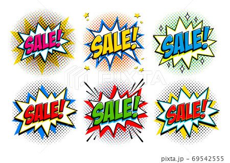 Black Friday sale set. Comic style template banners. 4 Sale inscriptions on black and red backgrounds. Pop-art comics style web banners, flash animation. 69542555