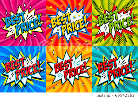 Best Price Labels. Comic book style stickers. Sale banners in pop art comic style. Color summer banners in pop art style Ideal for web. Decorative backgrounds with bomb explosive. 69542562