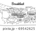Breakfast time with fruit, coffee, tea, milk, cereal and bakery. Contour line hand drawn sketch. Vector cartoon illustration clipart. 69542625