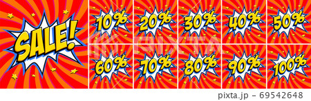 Big red sale set. Sale inscription and all percent numbers. Yellow and red colors. Pop-art comics style web banners, flash animation, stickers, tags. 69542648