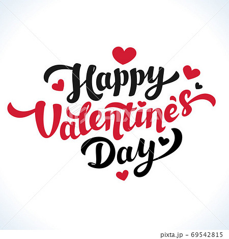 Happy Valentines Day Lettering. 14th of february greeting card. Black and Red inscription with hearts on white background. 69542815