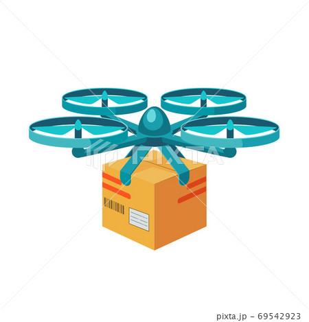 Quadcopter icon. Remote air drone with parcel. Modern delivery of the package by flying quadcopter. Flat style concept. Quadcopter icon. Remote air drone with parcel. Modern delivery of the package by flying quadcopter. Flat style concept. 69542923