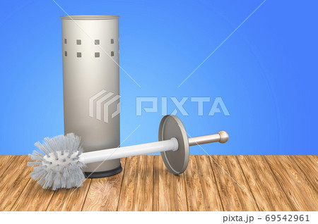 Toilet brush and holder on the wooden table. 3D rendering 69542961