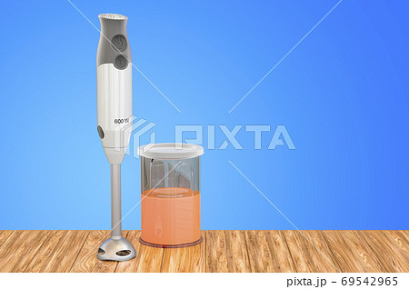 Immersion blender on the wooden table. 3D rendering Immersion blender on the wooden table. 3D rendering 69542965