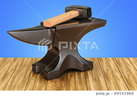 Anvil and hammer on the wooden table. 3D rendering 69542968
