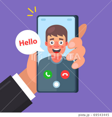 A friend is making a video call. conversation of two people. Flat character vector illustration. A friend is making a video call. conversation of two people. Flat character vector illustration. 69543445
