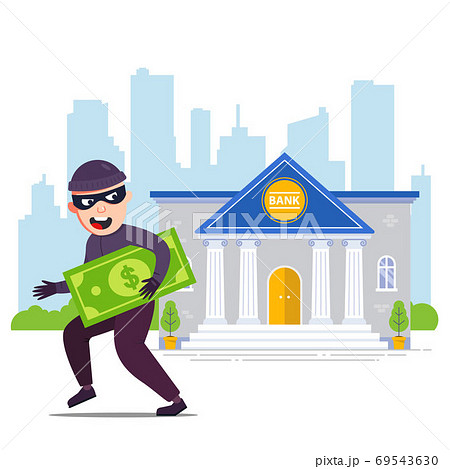 joyful robber with money runs away from the bank. flat character vector illustration 69543630