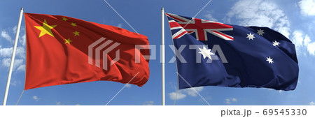 Waving flags of China and Australia on flagpoles, 3d rendering 69545330