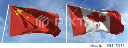 Flying flags of China and Canada on high flagpoles. 3d rendering 69545332