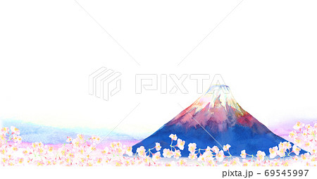 水彩で手描きした富士山と桜の背景イラストのイラスト素材