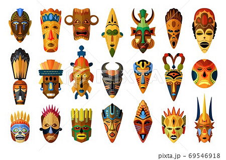 African mask set isolated on white backgroundのイラスト素材