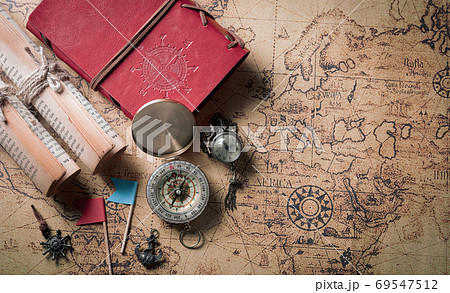 Happy Columbus Day concept. Vintage American compass and retro t 69547512