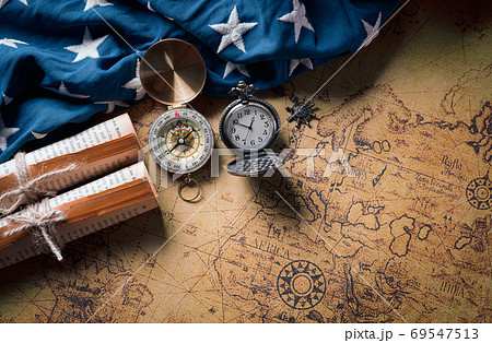 Happy Columbus Day concept. Vintage American flag with compass a 69547513