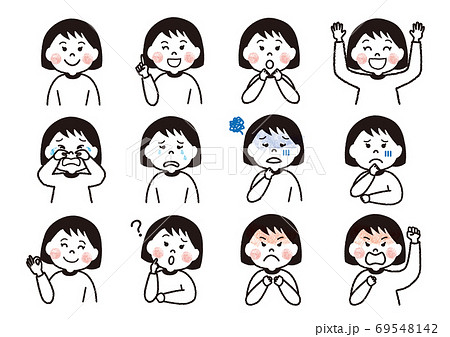 おかっぱ頭の女の子の喜怒哀楽の表情 69548142