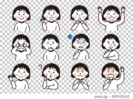 おかっぱ頭の女の子の喜怒哀楽の表情 69548142