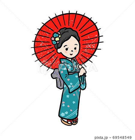 着物を着て和傘をさす女性のイラスト素材