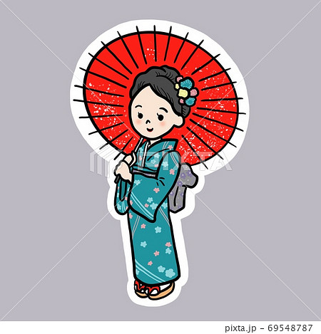 着物を着て和傘をさす女性左向き 白ふち付きのイラスト素材