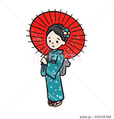 着物を着て和傘をさす女性左向きのイラスト素材