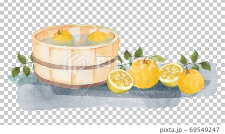 柚子と風呂桶の水彩画 69549247