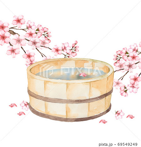 風呂桶と桜の水彩画のイラスト素材