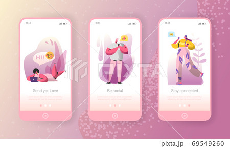 Social media onboarding mobile app screens. Young people characters chatting online in social network using smartphone and laptop for website or web page. Vector illustration 69549260