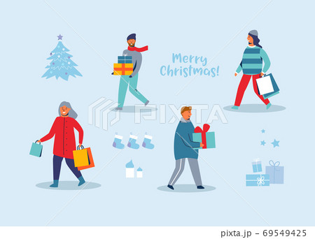 Happy Characters Shopping on Winter Holidays. People with Christmas Gifts. Woman and Man with Shopping Bags on New Year. Vector illustration Happy Characters Shopping on Winter Holidays. People with Christmas Gifts. Woman and Man with Shopping Bags on New Year. Vector illustration 69549425