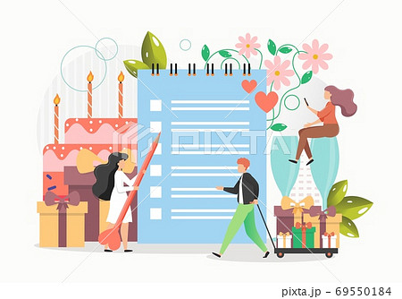 Wedding planner services. Tiny people making wedding planning checklist, flat vector illustration 69550184