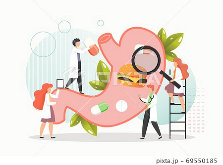 Doctors examining and treating human stomach with burger and pills inside, flat vector illustration. 69550185