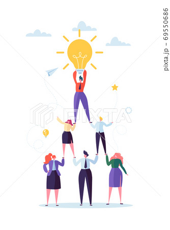 Successful Team Work Concept. Pyramid of Business People. Leader Holding Light Bulb on the Top. Leadership, Teamworking and Creative Idea. Vector illustration Successful Team Work Concept. Pyramid of Business People. Leader Holding Light Bulb on the Top. Leadership, Teamworking and Creative Idea. Vector illustration 69550686