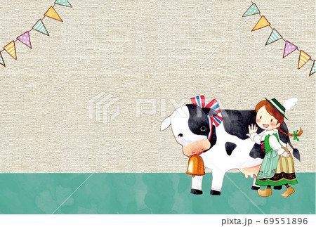 年賀状 ヨーロッパ風の少女と牛のイラスト素材