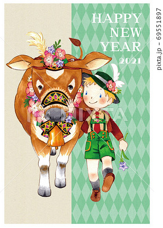 年賀状：ヨーロッパ風の少年と牛 69551897