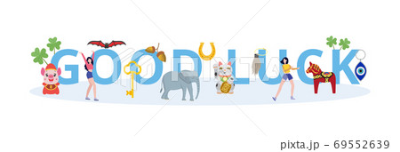 Text Good Luck and fortune talismans, flat vector banner illustration isolated. Text Good Luck and fortune talismans, flat vector banner illustration isolated. 69552639